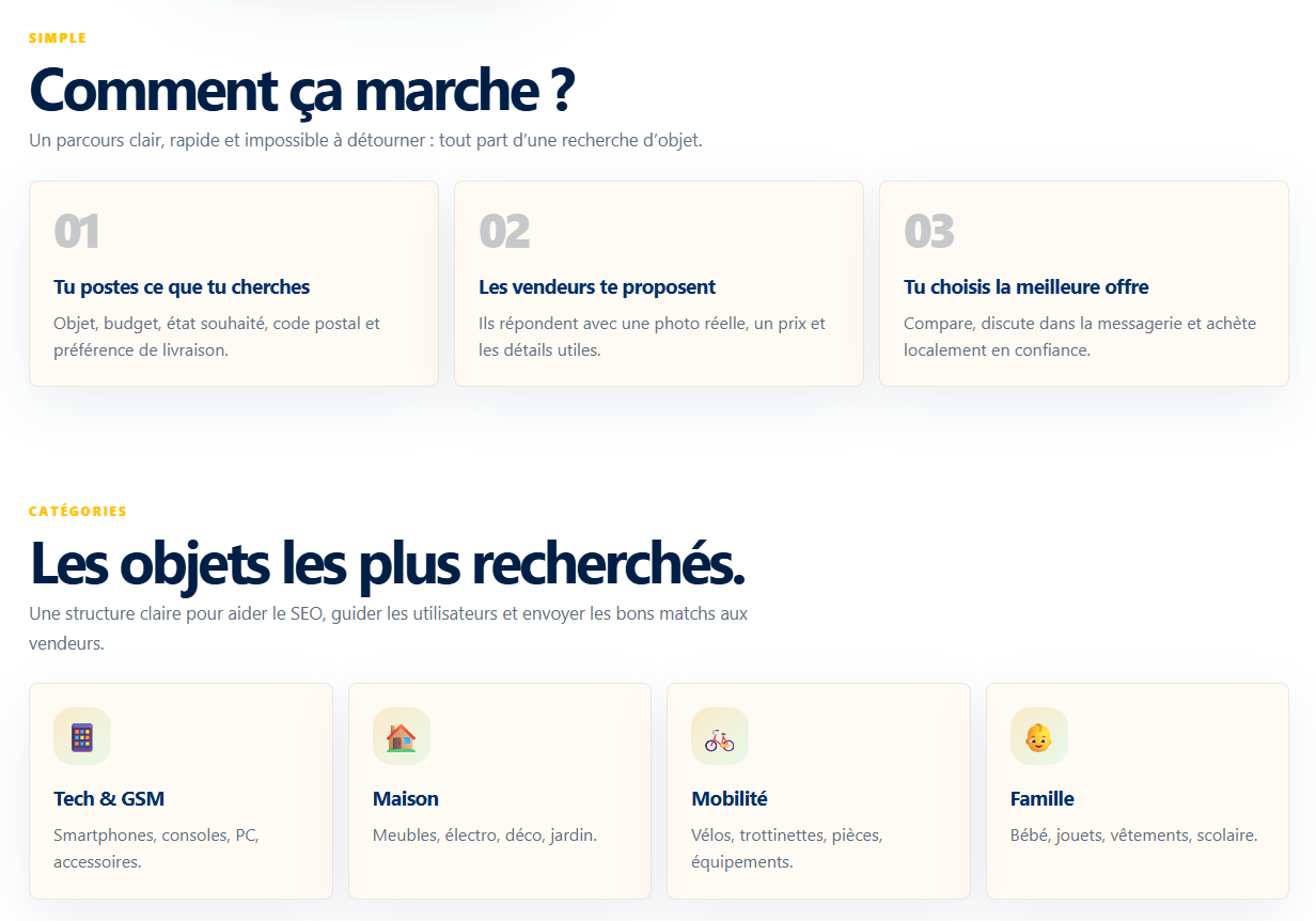 Écran ToutTrouver.be : les 3 étapes du parcours et les catégories Tech & GSM, Maison, Mobilité, Famille