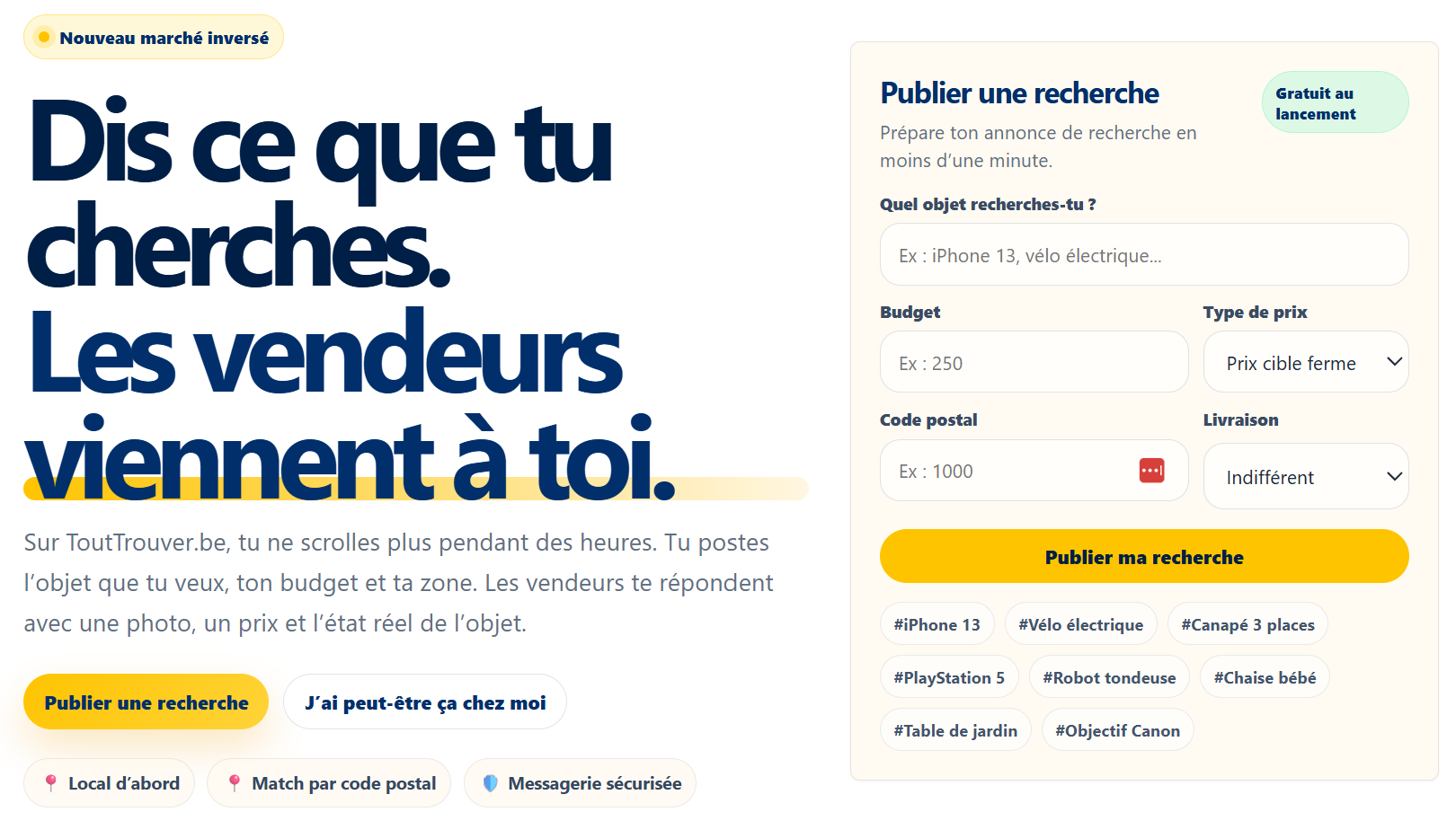Page d’accueil ToutTrouver.be : formulaire « Publier une recherche » avec objet, budget, code postal et livraison