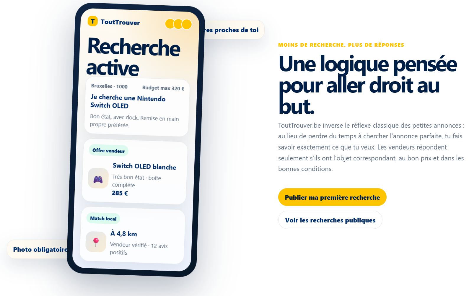 Exemple de recherche active sur mobile ToutTrouver.be : demande, offre vendeur et match local à 4,8 km